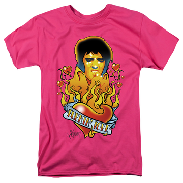 Hot pink men's regular fit t-shirt with Elvis Presley Burning Love graphic