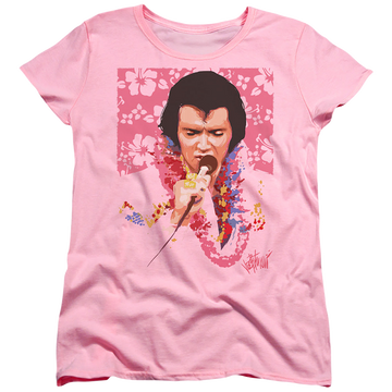 Pink women's t-shirt with Elvis Presley Aloha graphic