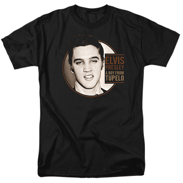 Black men's regular fit t-shirt with Elvis Presley Tupelo graphic