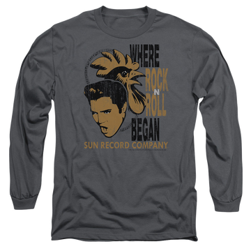 Charcoal men's long sleeve t-shirt with Elvis Presley Elvis And Rooster graphic
