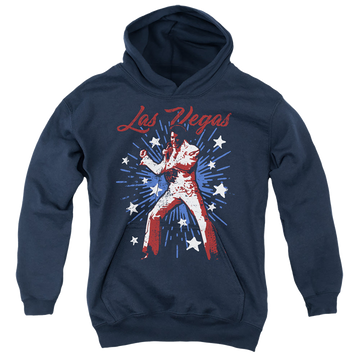 Navy youth hoodie for ages 8 to 12 with Elvis Presley Vegas Superstar graphic