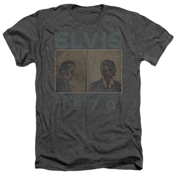 Charcoal men's heather t-shirt with Elvis Presley Denver Mugshot graphic