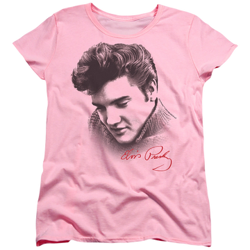 Pink women's t-shirt with Elvis Presley Portrait Of A King graphic