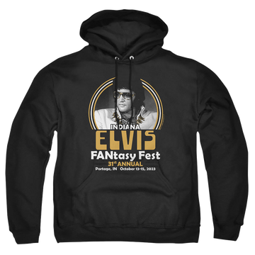 Black pullover hoodie with Elvis Presley Fantasy Fest 2023 graphic