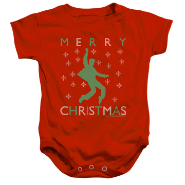 Red baby bodysuit with Elvis Presley Dancing Ugly Christmas graphic