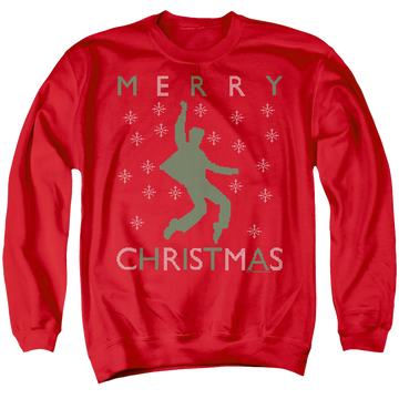 Red men's crewneck sweatshirt with Elvis Presley Dancing Ugly Christmas graphic