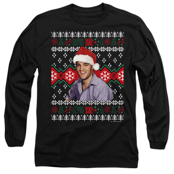 Black men's long sleeve t-shirt with Elvis Presley Ugly Christmas Sweater graphic