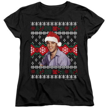Black women's t-shirt with Elvis Presley Ugly Christmas Sweater graphic