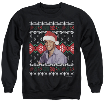 Black men's crewneck sweatshirt with Elvis Presley Ugly Christmas Sweater graphic
