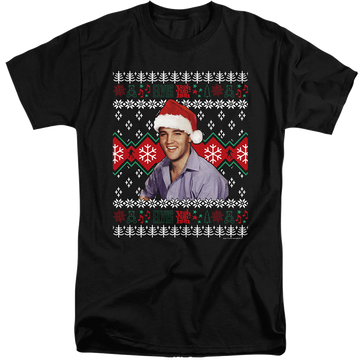 Black men's tall fit t-shirt with Elvis Presley Ugly Christmas Sweater graphic