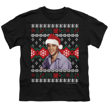Black youth t-shirt for ages 8 to 12 with Elvis Presley Ugly Christmas Sweater graphic