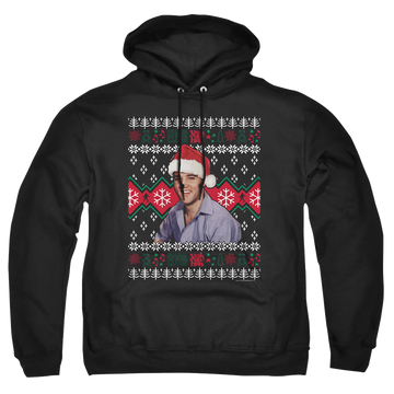 Black pullover hoodie with Elvis Presley Ugly Christmas Sweater graphic