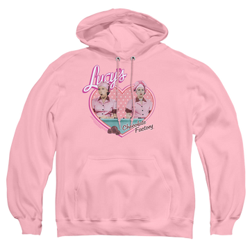 Pink pullover hoodie with I Love Lucy Chocolate Factory graphic