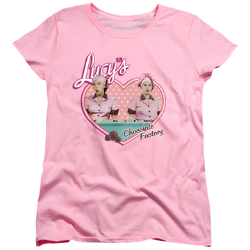 Pink women's t-shirt with I Love Lucy Chocolate Factory graphic