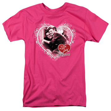 Hot pink men's regular fit t-shirt with I Love Lucy Happy Anniversary graphic