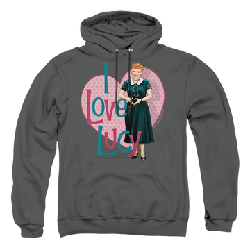 Charcoal pullover hoodie with I Love Lucy Heart You graphic