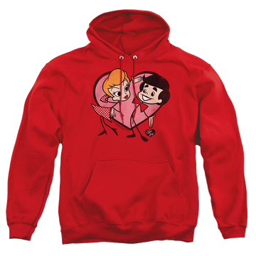 Red pullover hoodie with I Love Lucy Cartoon Love graphic