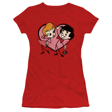 Red juniors t-shirt with I Love Lucy Cartoon Love graphic