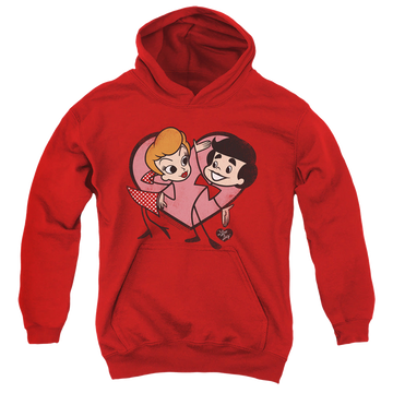 Red youth hoodie for ages 8 to 12 with I Love Lucy Cartoon Love graphic