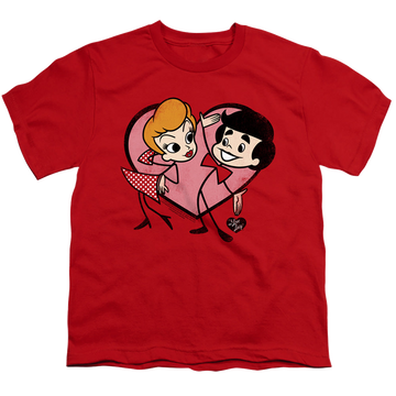 Red youth t-shirt for ages 8 to 12 with I Love Lucy Cartoon Love graphic