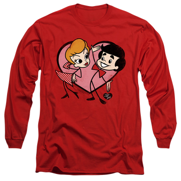 Red men's long sleeve t-shirt with I Love Lucy Cartoon Love graphic