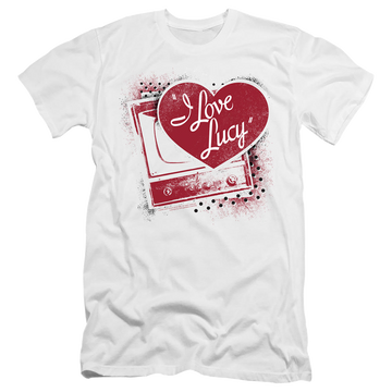 White men's premium slim fit t-shirt with I Love Lucy Spray Paint Heart graphic