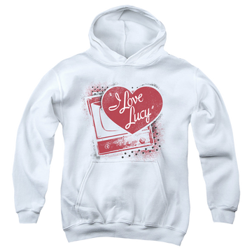 White youth hoodie for ages 8 to 12 with I Love Lucy Spray Paint Heart graphic