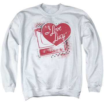 White men's crewneck sweatshirt with I Love Lucy Spray Paint Heart graphic