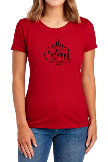 Red women's t-shirt with Charmed Logo graphic