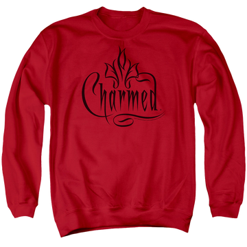 Red men's crewneck sweatshirt with Charmed Logo graphic