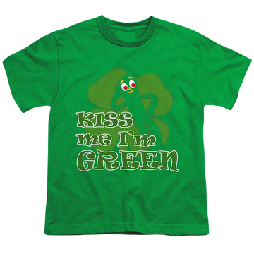 Kelly green youth t-shirt for ages 8 to 12 with Gumby Kiss Me Im Green graphic