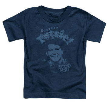 Navy kid's t-shirt for ages 4 to 7 with Happy Days Dont Be A Potsy graphic