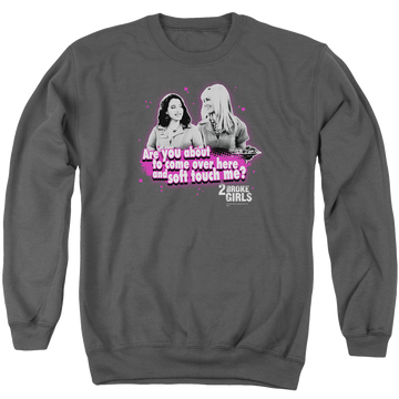 Charcoal men's crewneck sweatshirt with 2 Broke Girls Soft Touch graphic