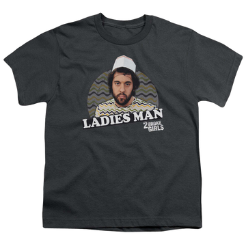 Charcoal youth t-shirt for ages 8 to 12 with 2 Broke Girls Ladies Man graphic