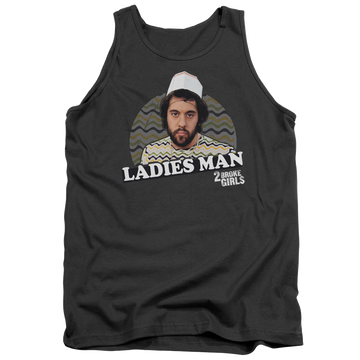 Charcoal men's tank with 2 Broke Girls Ladies Man graphic