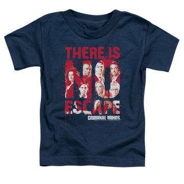 Navy kid's t-shirt for ages 4 to 7 with Criminal Minds No Escape graphic