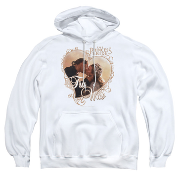 White pullover hoodie with The Princess Bride Tru Wuv graphic