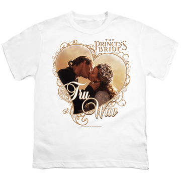 White youth t-shirt for ages 8 to 12 with The Princess Bride Tru Wuv graphic