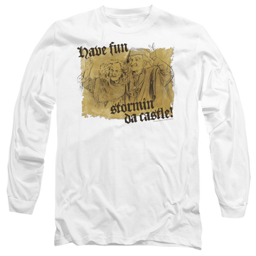 White men's long sleeve t-shirt with The Princess Bride Stormin Da Castle graphic