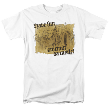 White men's regular fit t-shirt with The Princess Bride Stormin Da Castle graphic