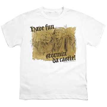 White kid's t-shirt for ages 4 to 7 with The Princess Bride Stormin Da Castle graphic