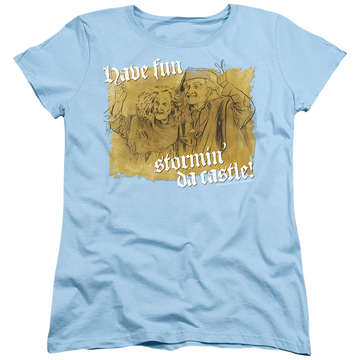 Light blue women's t-shirt with The Princess Bride Stormin Da Castle graphic