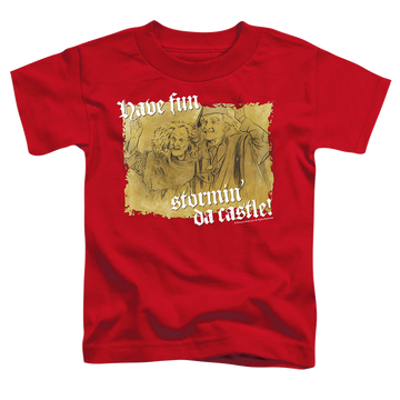 Red kid's t-shirt for ages 4 to 7 with The Princess Bride Stormin Da Castle graphic