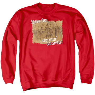 Red men's crewneck sweatshirt with The Princess Bride Stormin Da Castle graphic