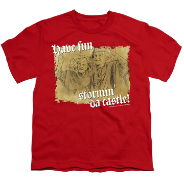 Red youth t-shirt for ages 8 to 12 with The Princess Bride Stormin Da Castle graphic