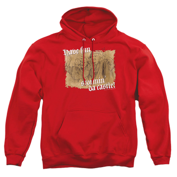 Red pullover hoodie with The Princess Bride Stormin Da Castle graphic