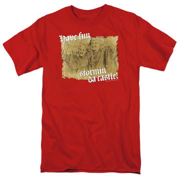 Red men's regular fit t-shirt with The Princess Bride Stormin Da Castle graphic