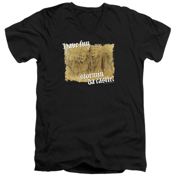 Black men's v-neck t-shirt with The Princess Bride Stormin Da Castle graphic