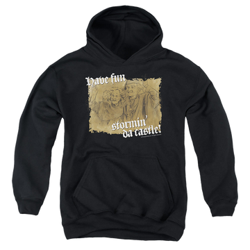 Black youth hoodie for ages 8 to 12 with The Princess Bride Stormin Da Castle graphic