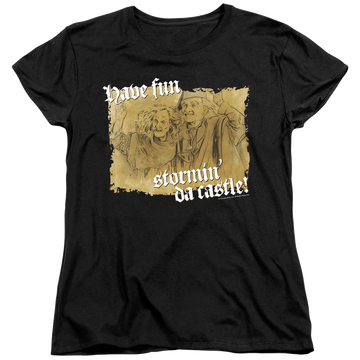 Black women's t-shirt with The Princess Bride Stormin Da Castle graphic